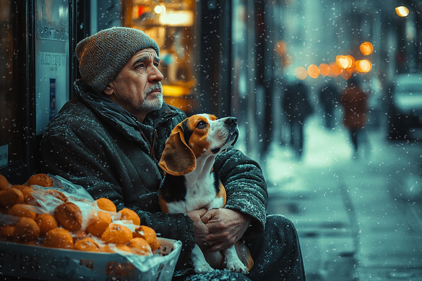 A homeless man hugging a dog tightly while sitting in front of a building and looking up | Source: No source