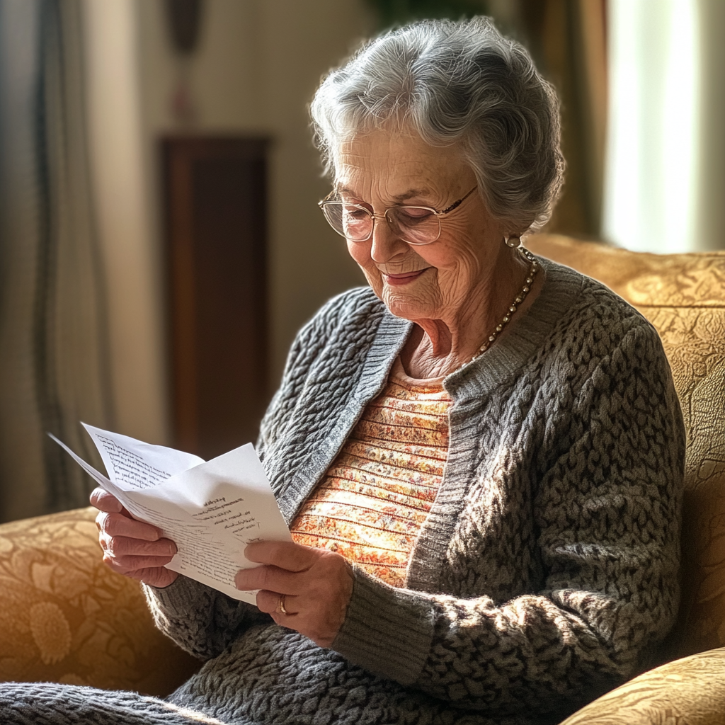 Senior woman smiling while reading a document | Source: No source