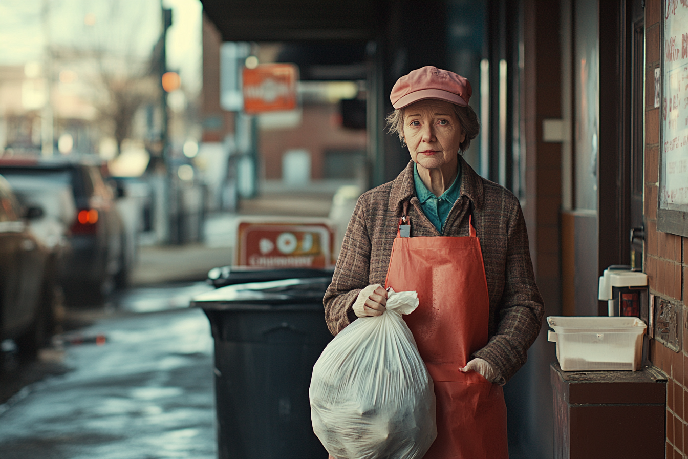 A woman holding a trash bag in an alley | Source: No source