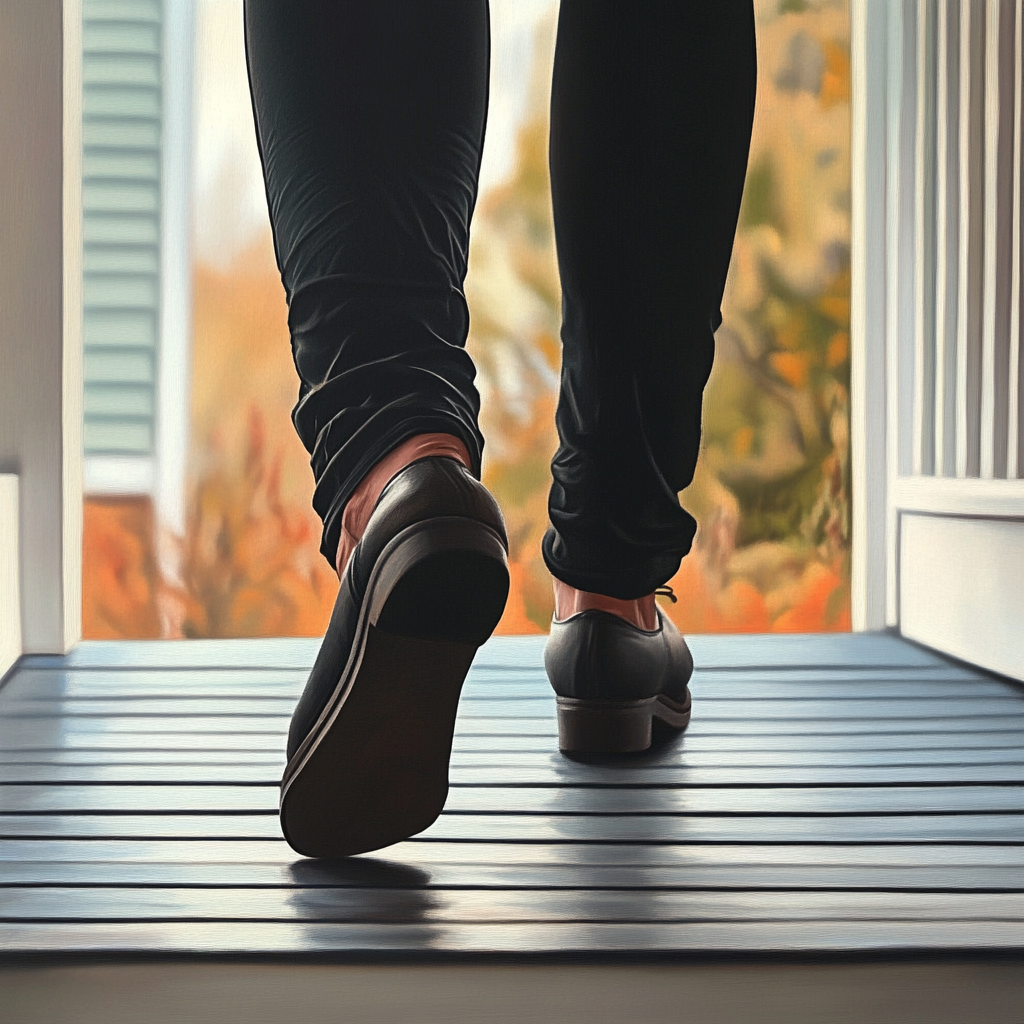 A close-up shot of a woman's shoes as she walks out of her house | Source: no source
