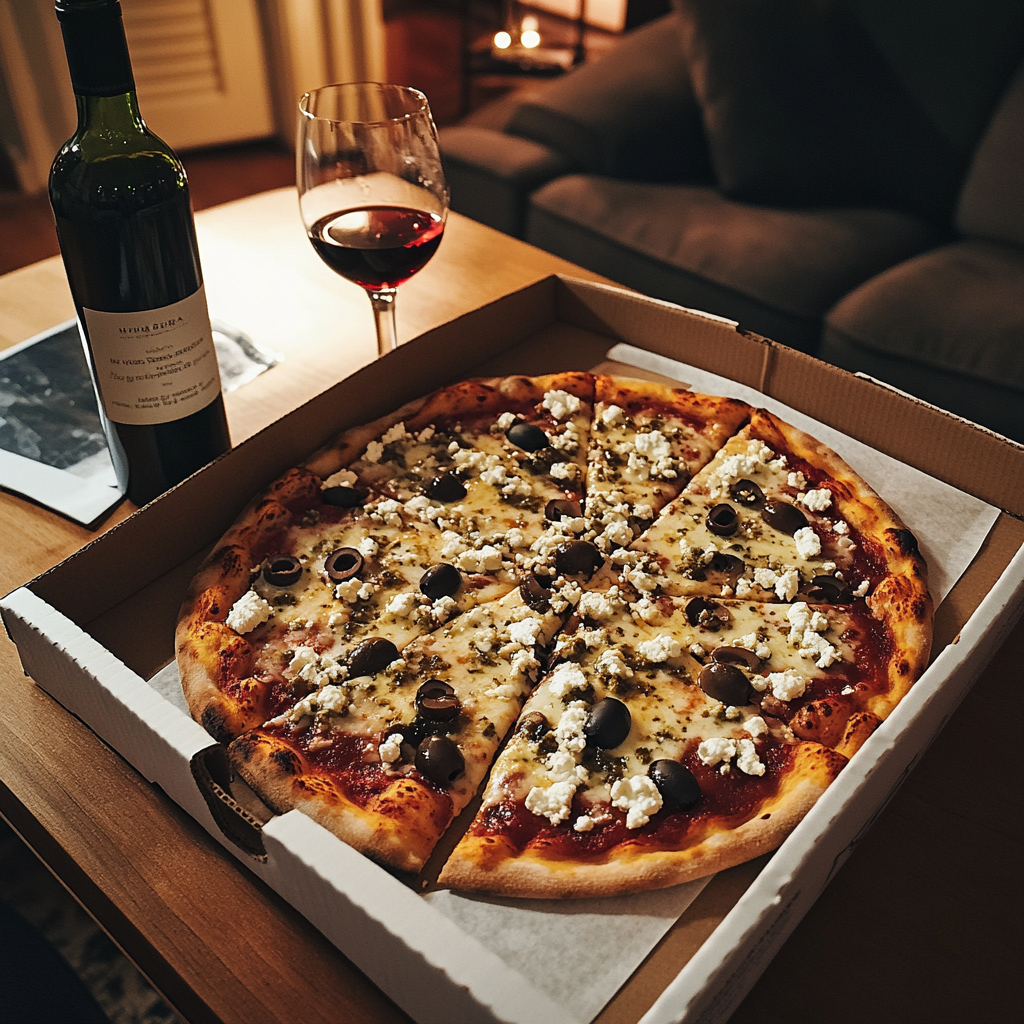 A box of pizza and a bottle of wine | Source: No source