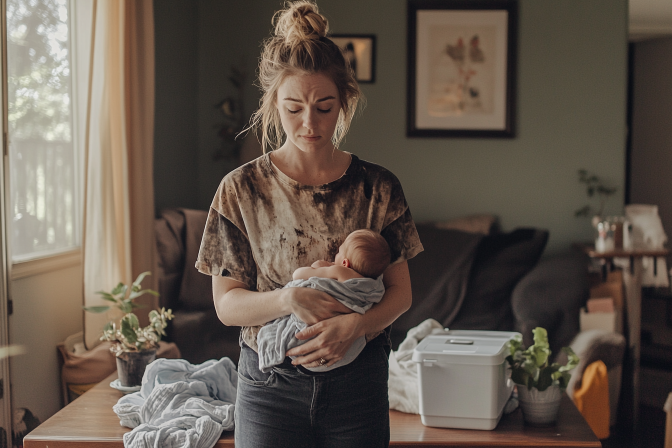 An exhausted woman holding a baby | Source: no source