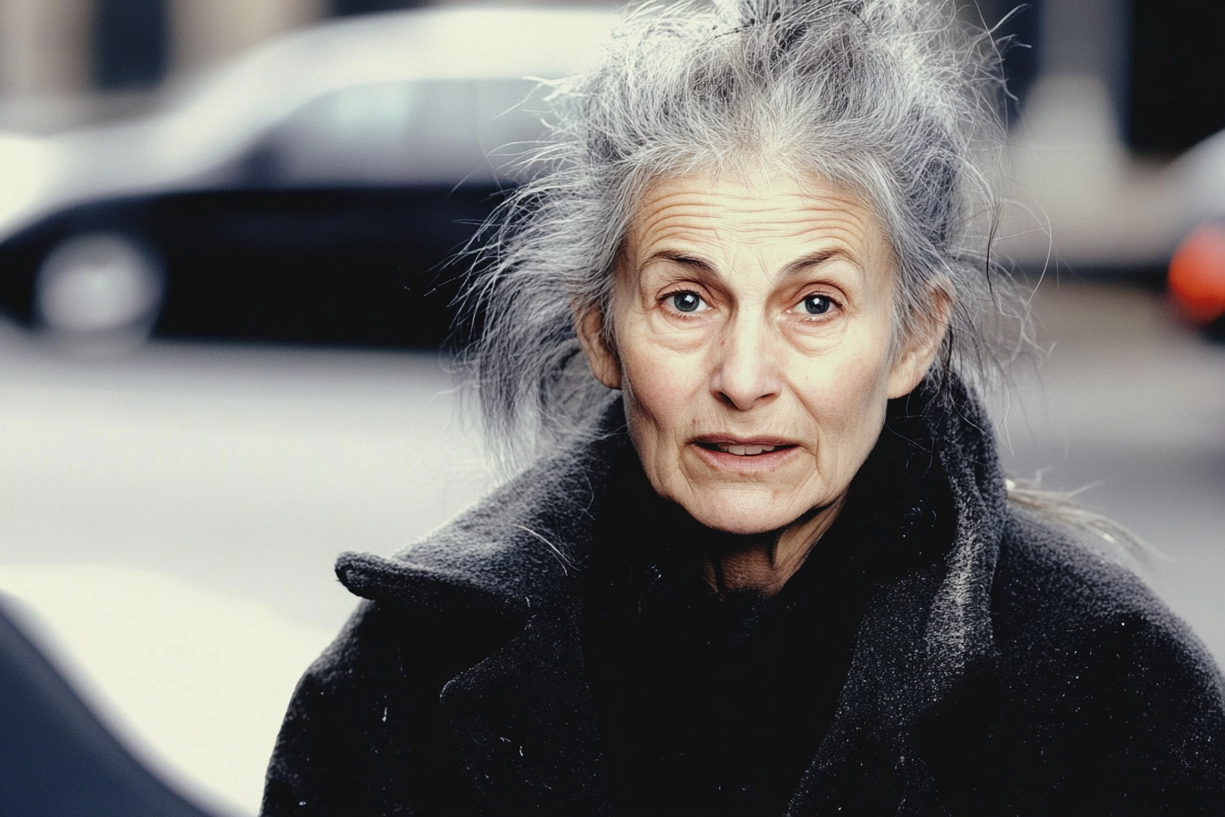 A homeless woman speaking to someone in a parking lot | Source: no source