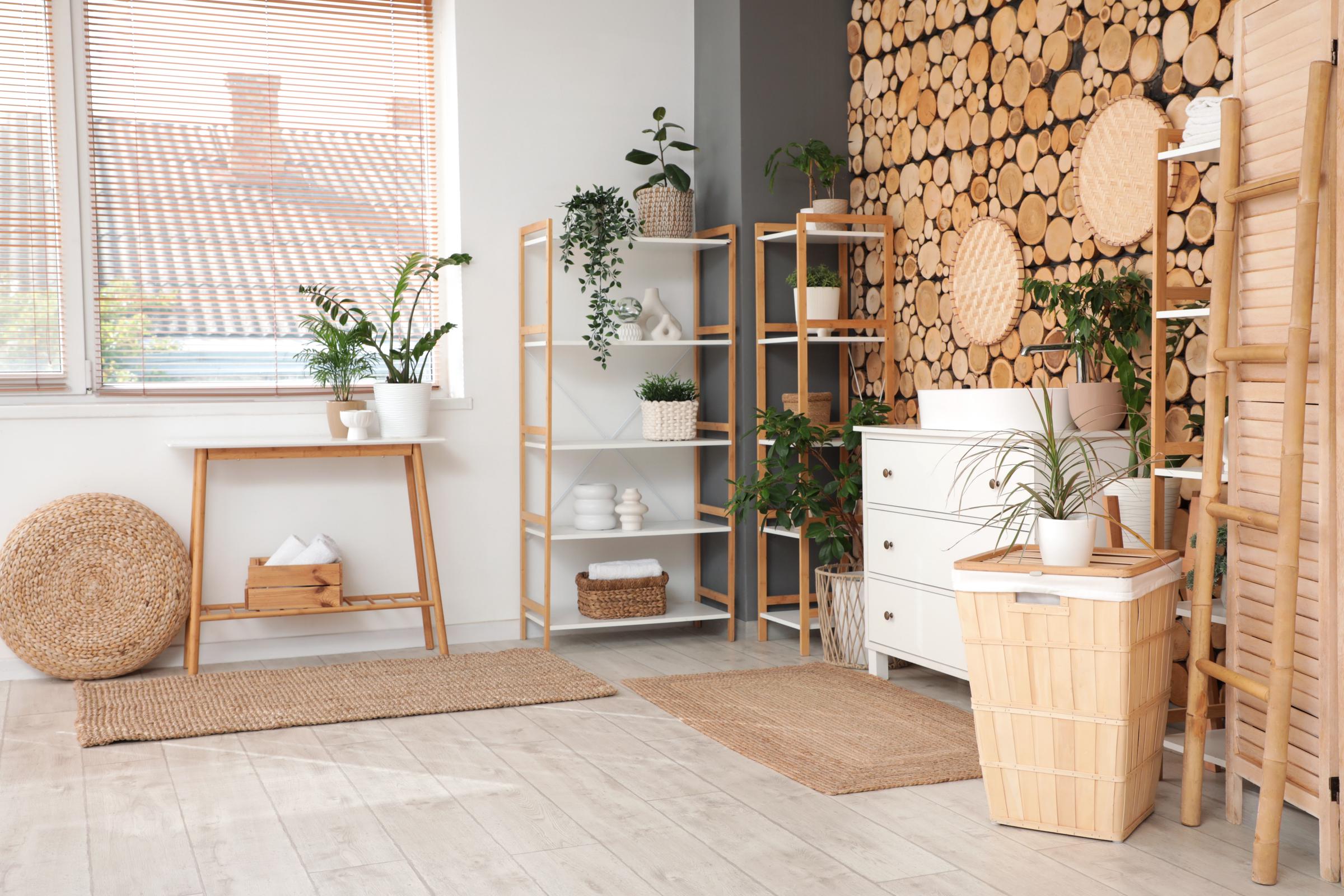 Wooden bench and shelving unit with houseplants | Source: Shutterstock