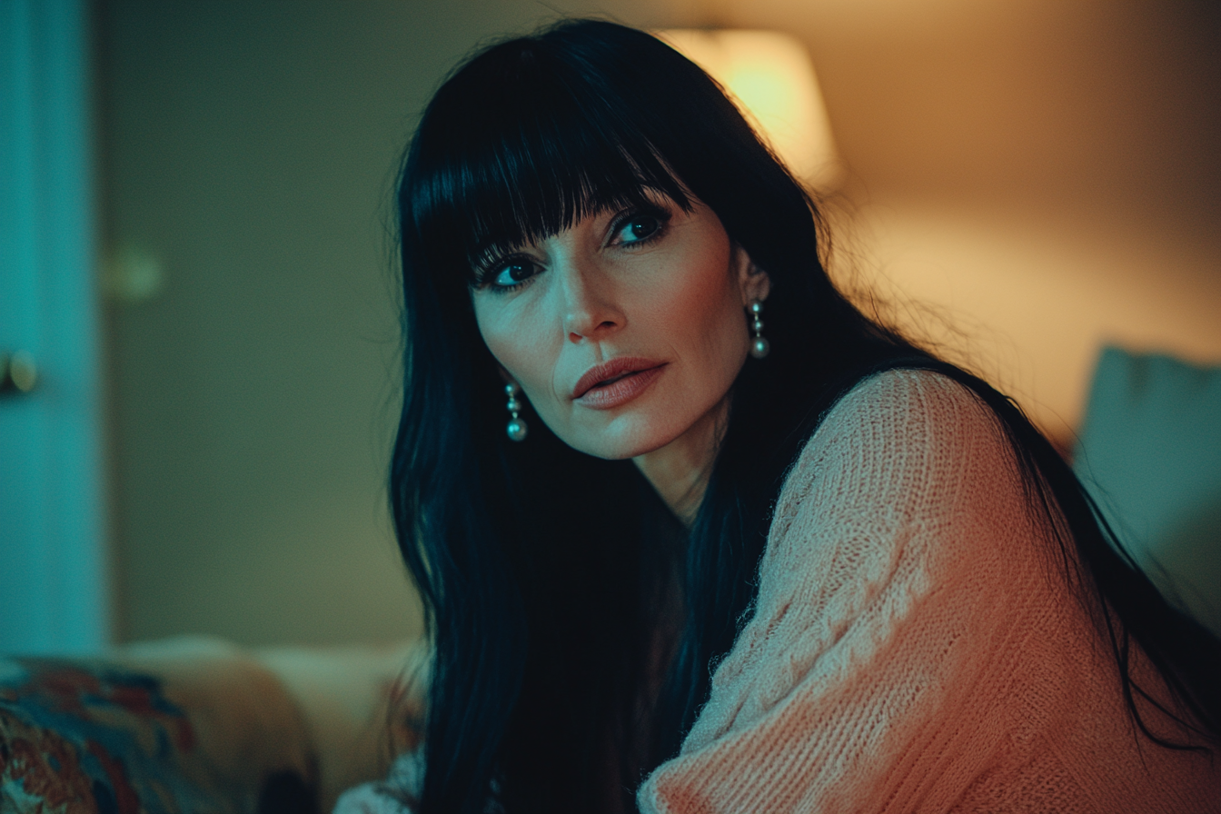 Woman in her late 30s sitting on couch with a serious expression | Source: no source