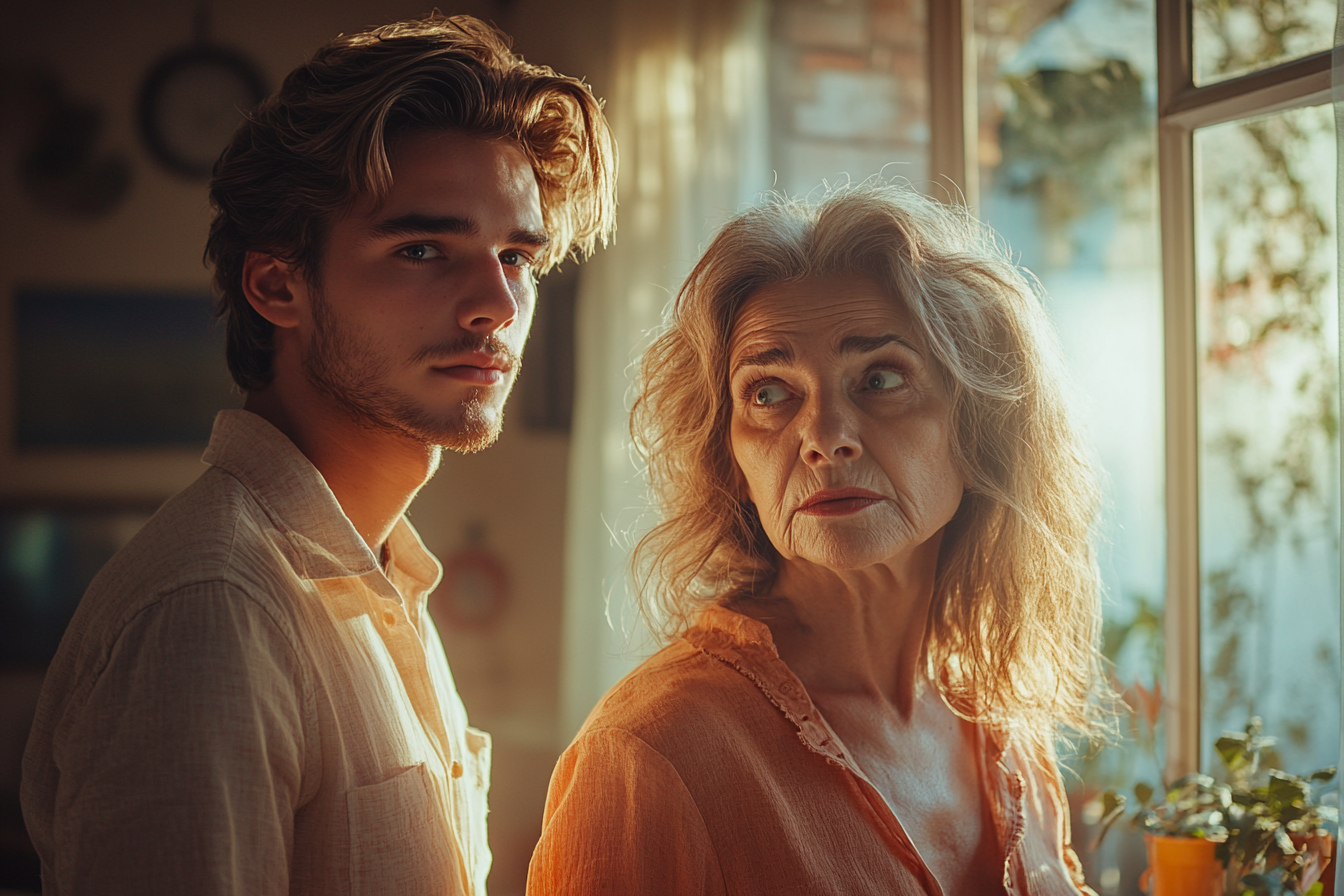 Man standing beside his shocked 50-year-old mother in a luxurious apartment | Source: no source