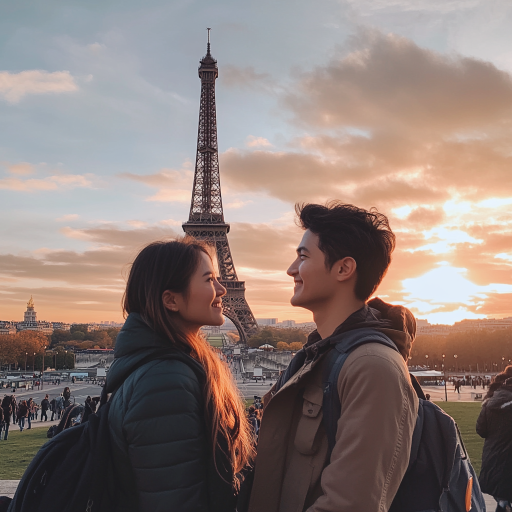 Young couple standing near the Eiffel tower | Source: No source