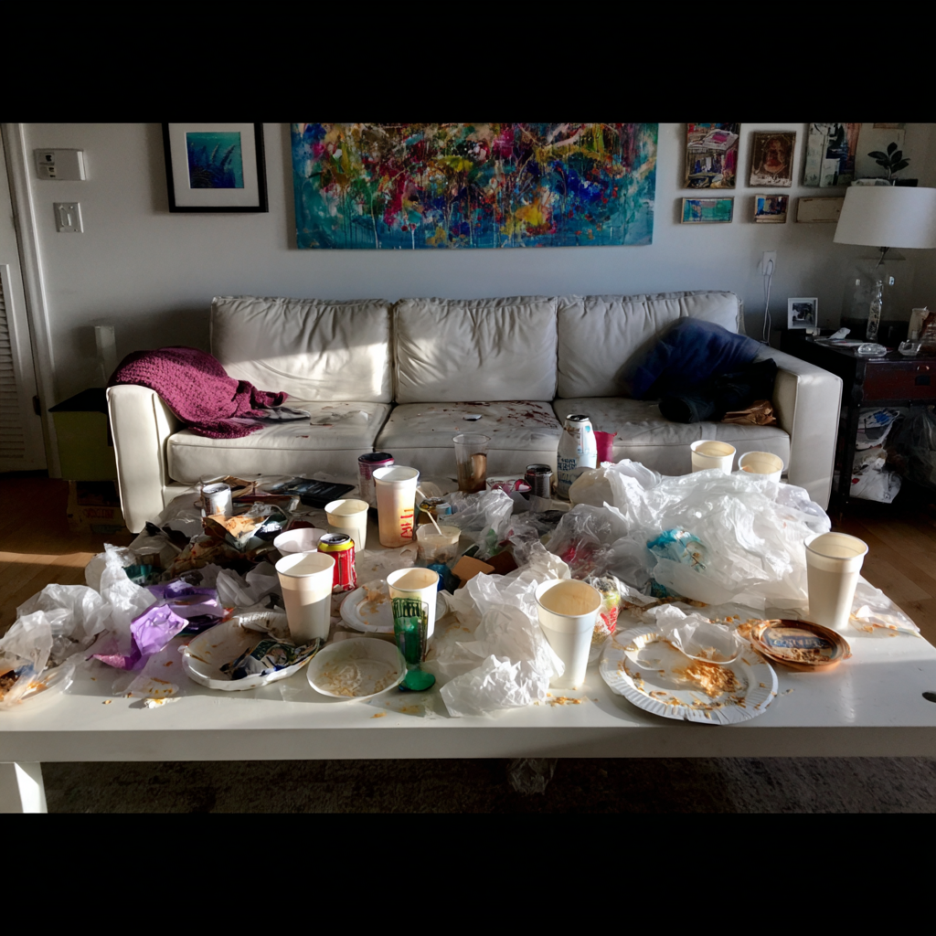 A coffee table littered with dirt | Source: no source
