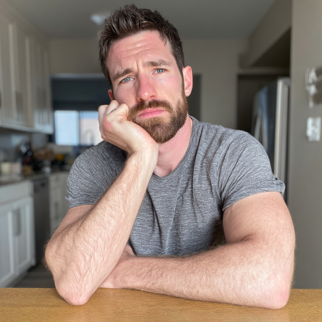 A pensive man sitting at a kitchen table | Source:  no source