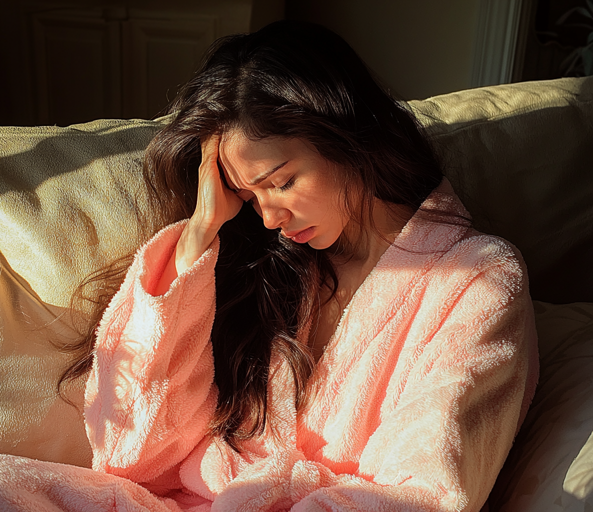 A woman wearing a pink robe and holding her head | Source: no source