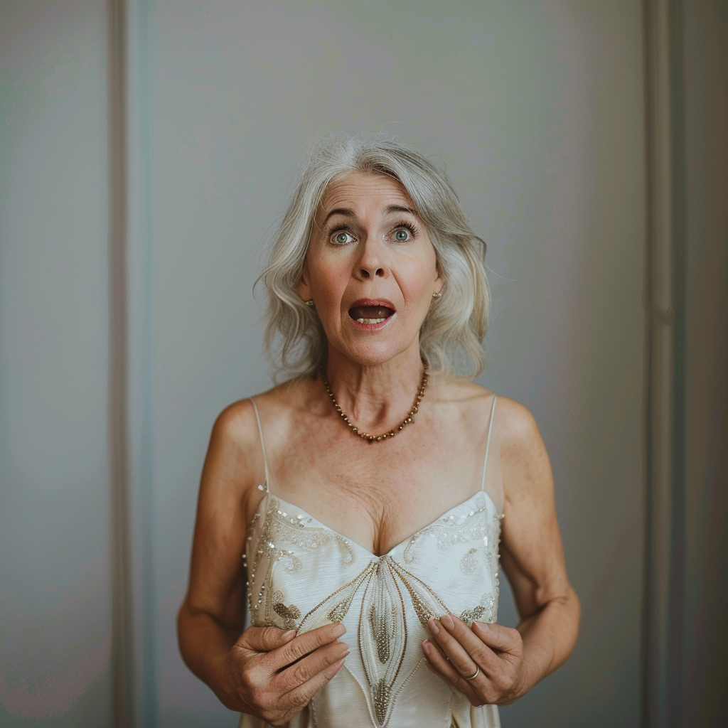 A very shocked and upset woman in an expensive dress | Source: No source