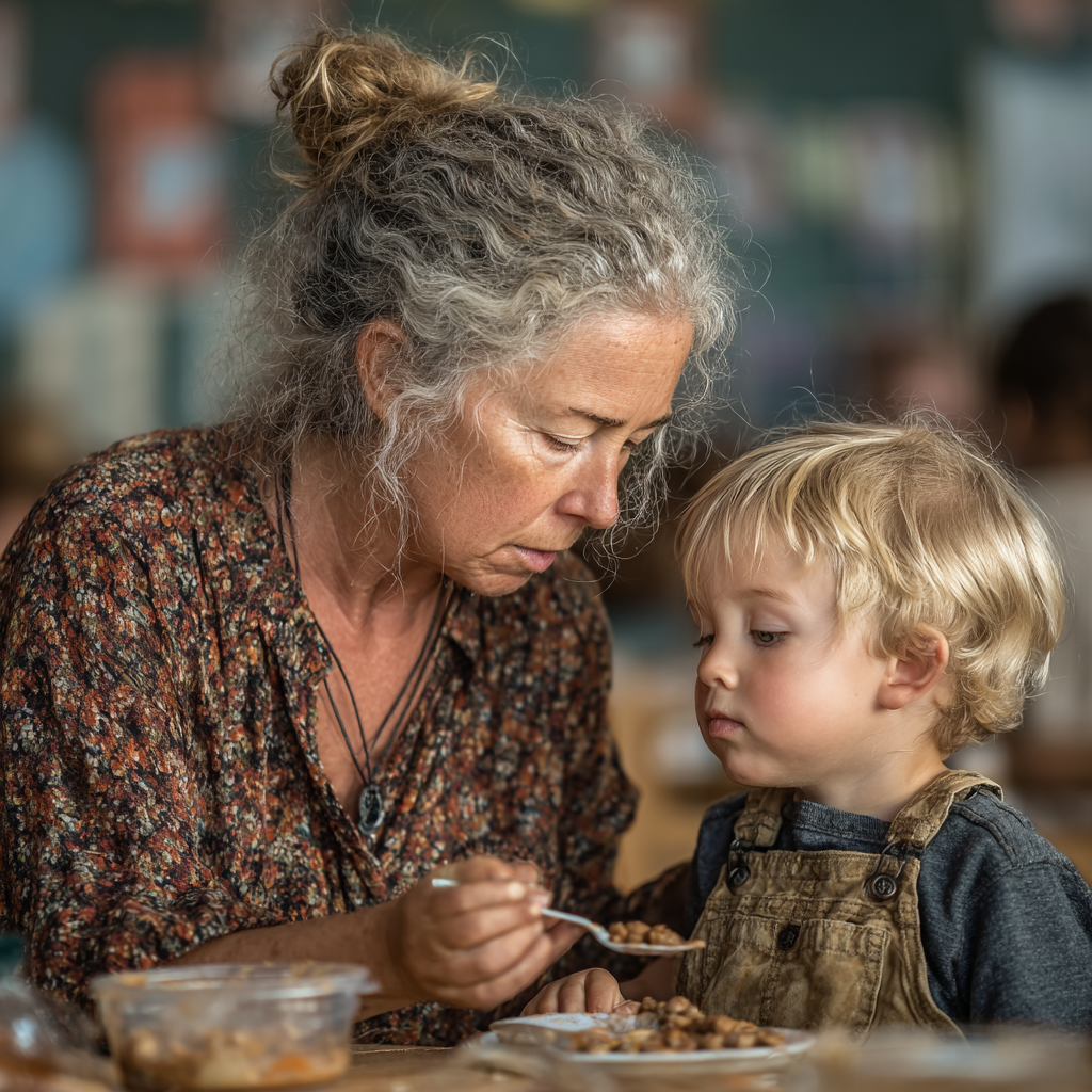 A woman trying to feed a child at a daycare | Source: no source