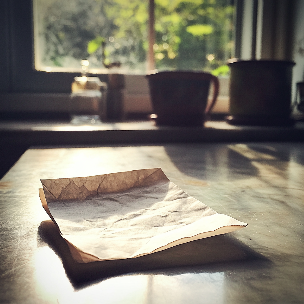 A folded piece of paper on a kitchen counter | Source: no source