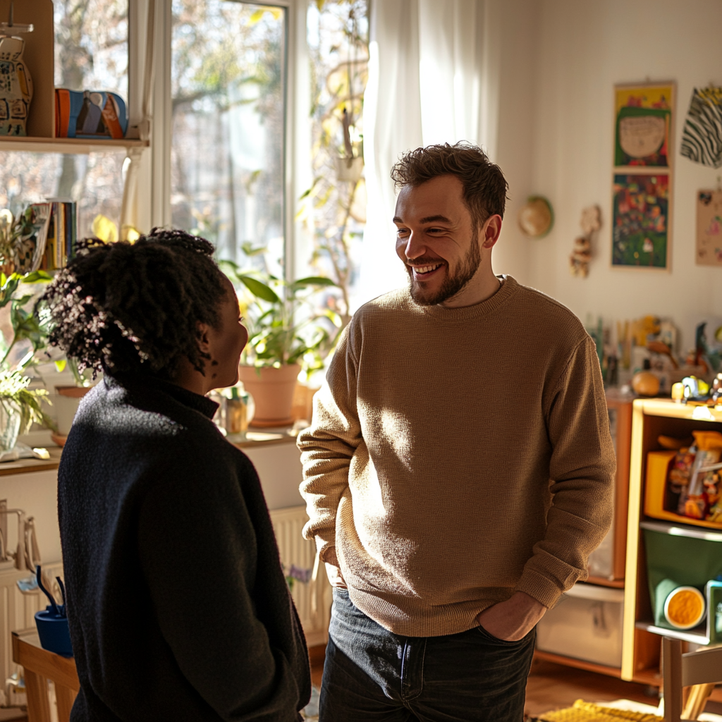A man talking to his wife in a playroom | Source: No source