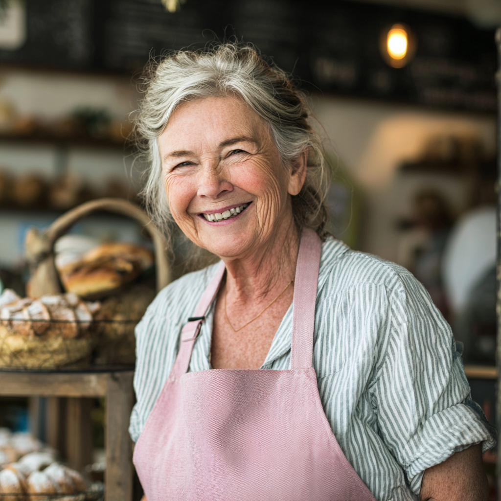 A smiling grandma in a bakery | Source: no source