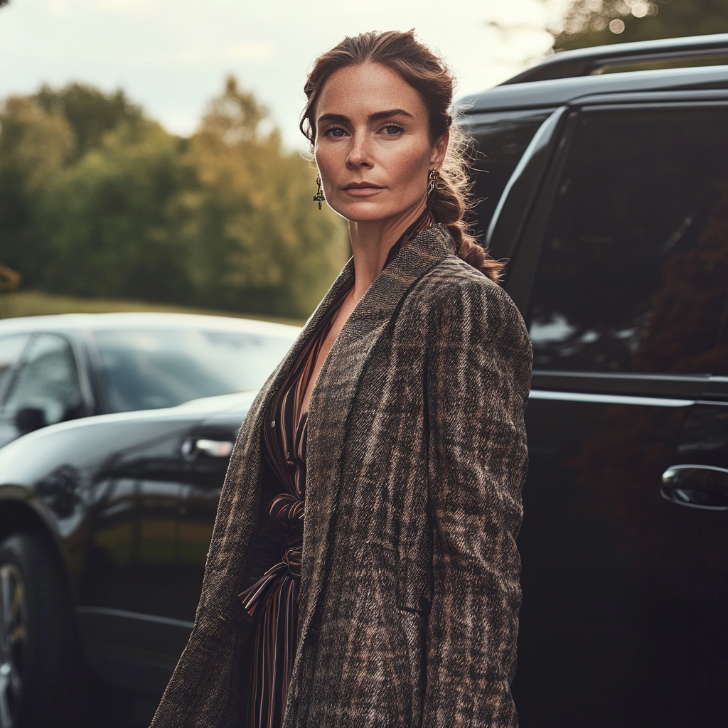 An elegantly dressed woman standing next to a car | Source: no source