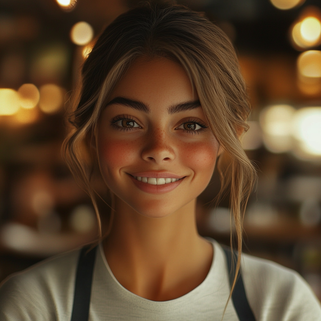 A young juice bar attendant smiling | Source: No source