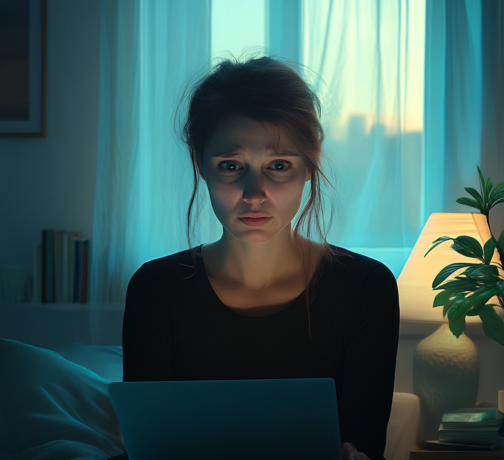 A woman looking surprised while using her husband's laptop | Source: No source