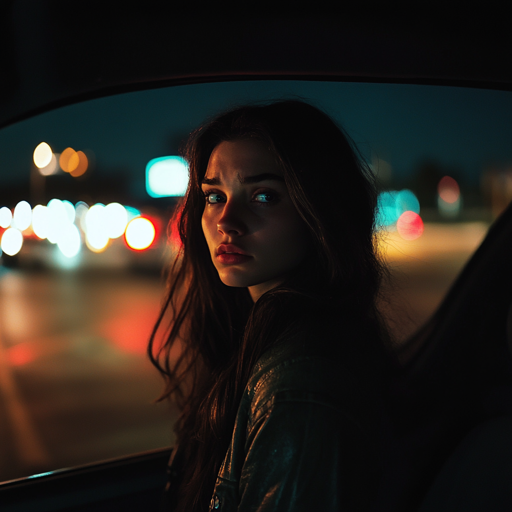 Tense woman standing by her car at night | Source: no source