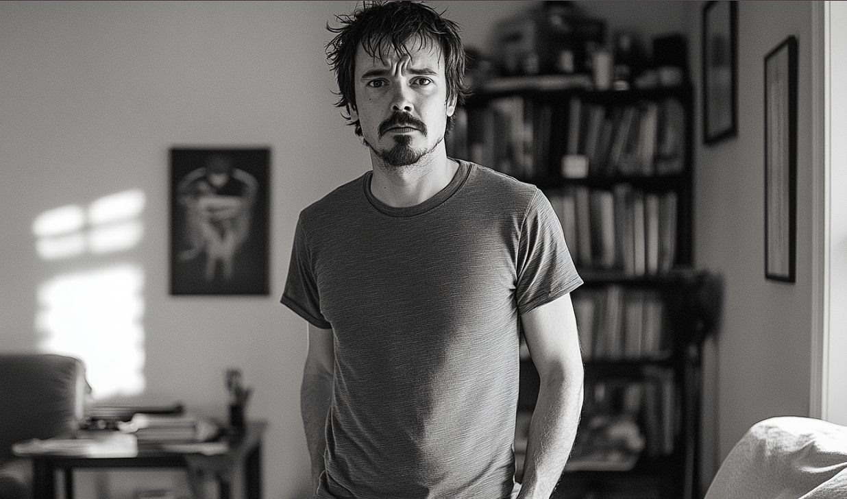 A disheveled man standing in a living room | Source: no source