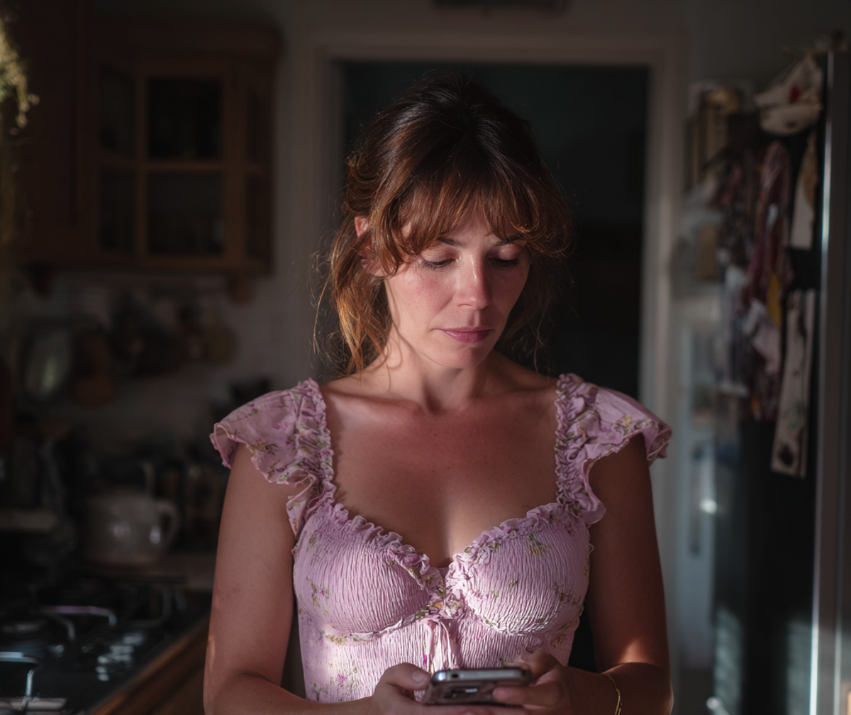 A woman standing in a kitchen and texting | Source:  no source
