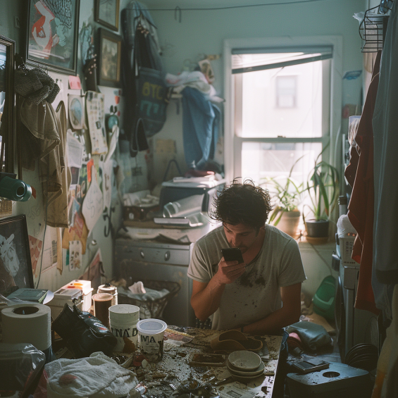 A man talking on the phone in a dirty home office | Source: No source