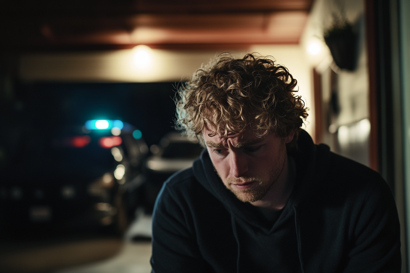 Man in his early 40s looking down sadly while standing in a garage with police cars behind him | Source: no source