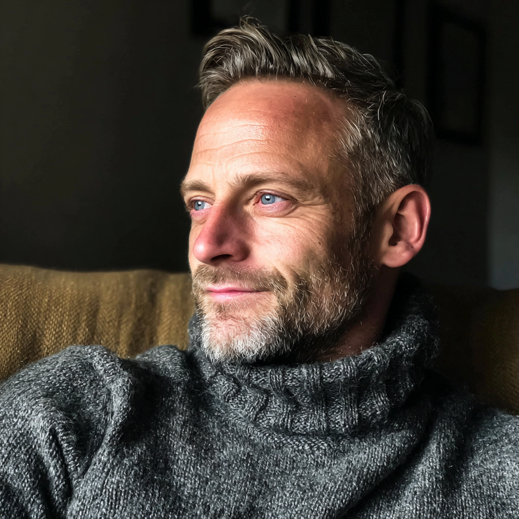 A smiling man sitting on a couch | Source: No source