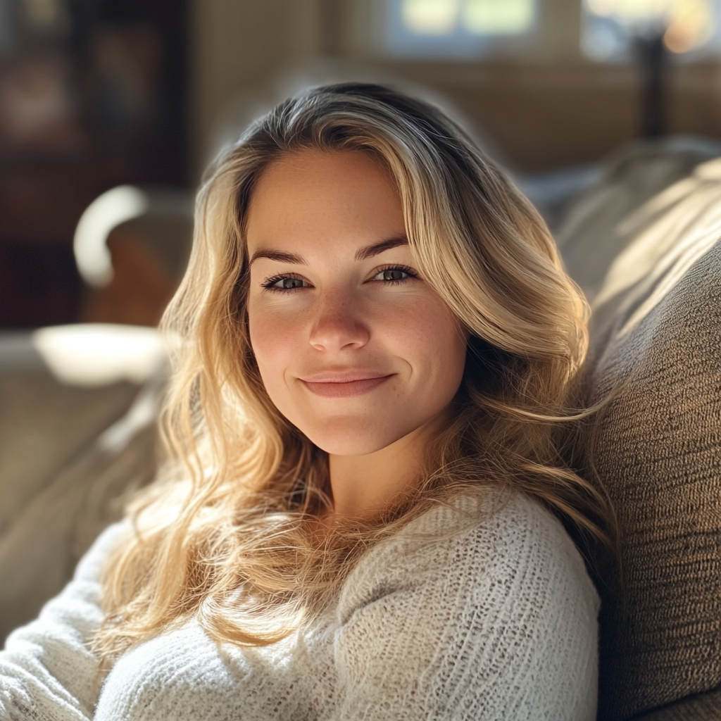 A smiling woman resting on a couch | Source: No source