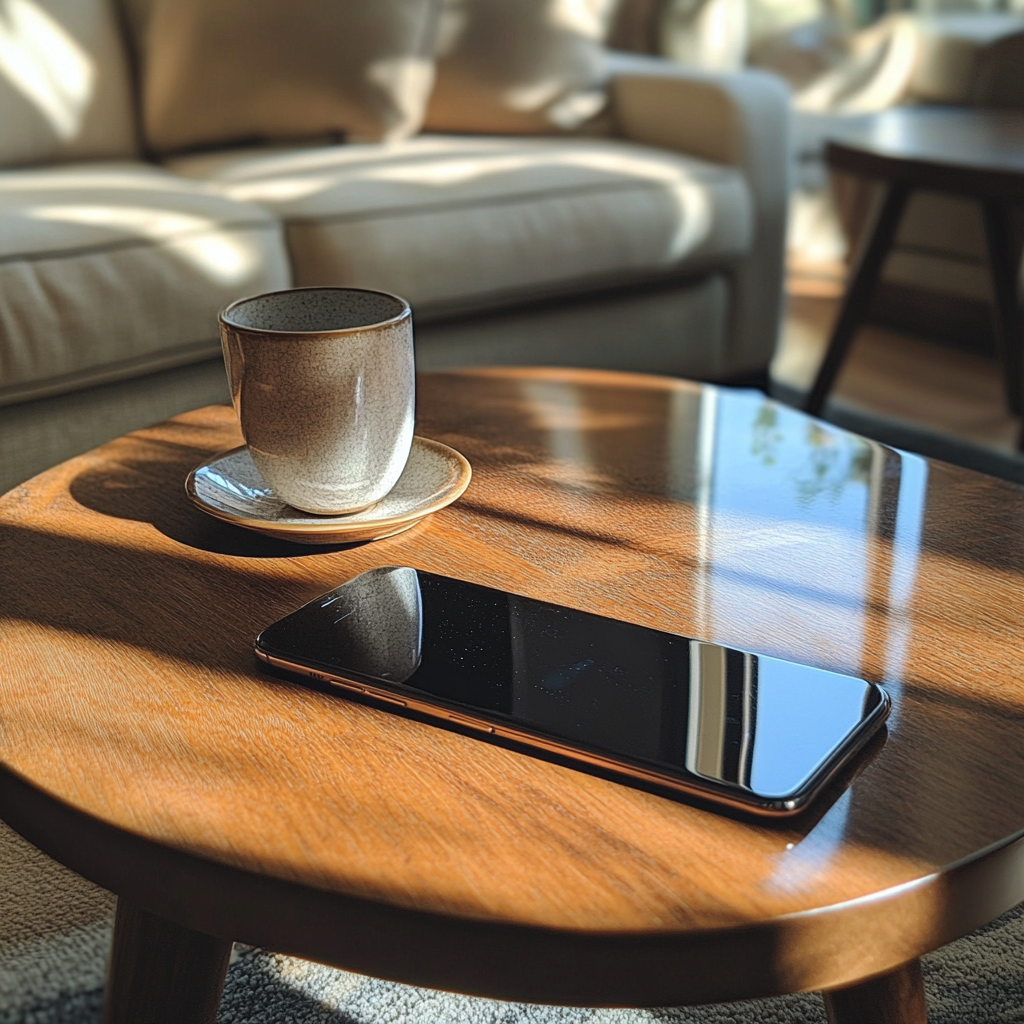 A phone on a coffee table | Source: No source