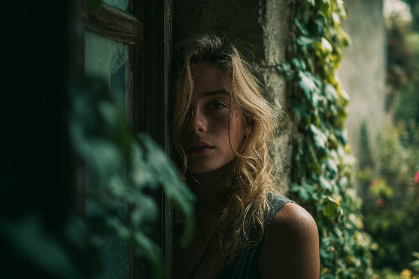 A woman standing against a wall beside a window | Source:  no source
