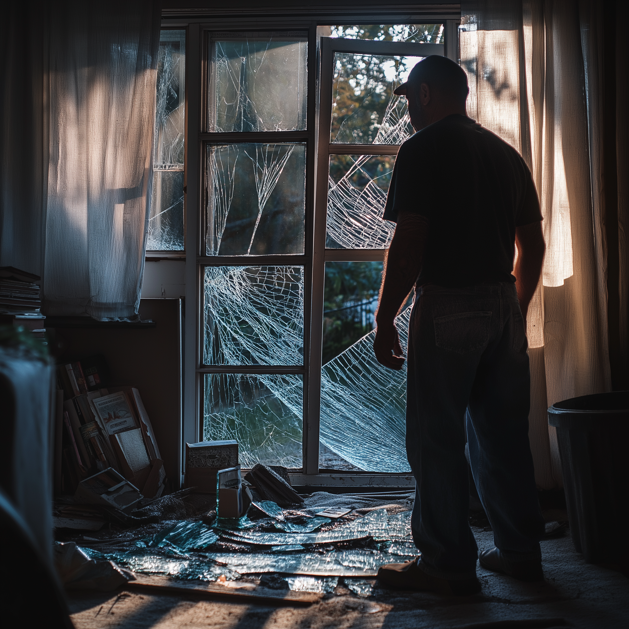 A handyman standing in a room with a broken window and shards of glass scattered all around | Source: no source