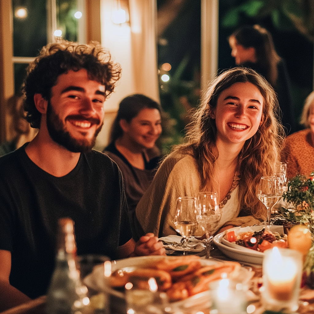 Couple seated among relatives during family dinner | Source: No source