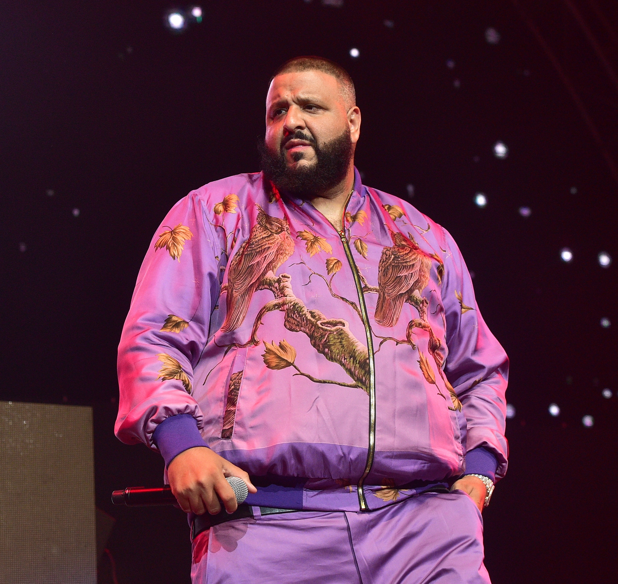 Performing live, DJ Khaled sports a lavender jacket adorned with nature-inspired prints and matching trousers, gripping a microphone as vibrant concert lights bounce off the smooth fabric under the glow of a starry stage backdrop.
