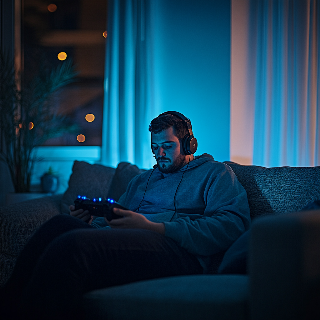 Man sitting on a couch, playing video games at night | Source: no source