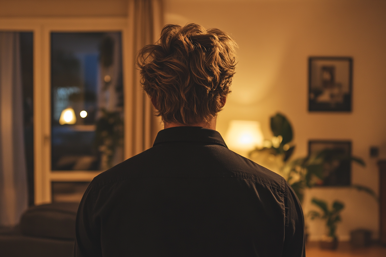 A man's back as he walks toward a door | Source: no source