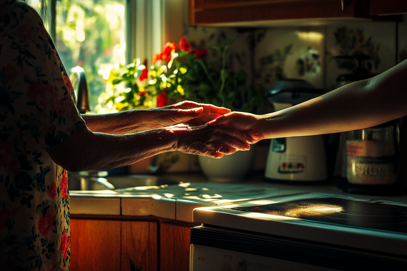 Woman in her 50s patting the hand of a woman in her 30s in the kitchen | Source: No source