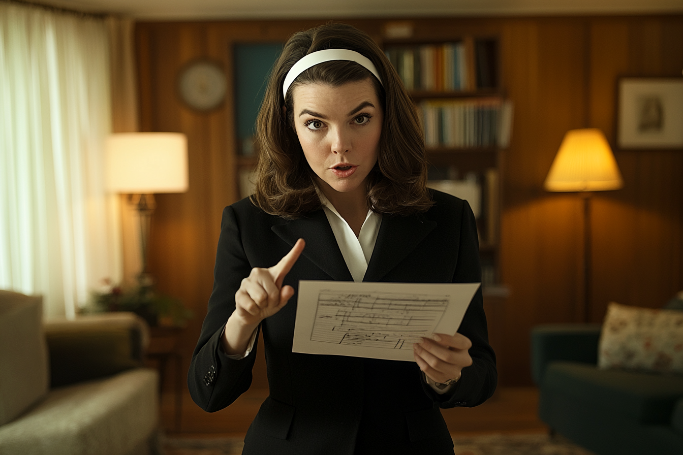 Woman in her 30s pointing at a piece of paper in her hands in the living room | Source: No source