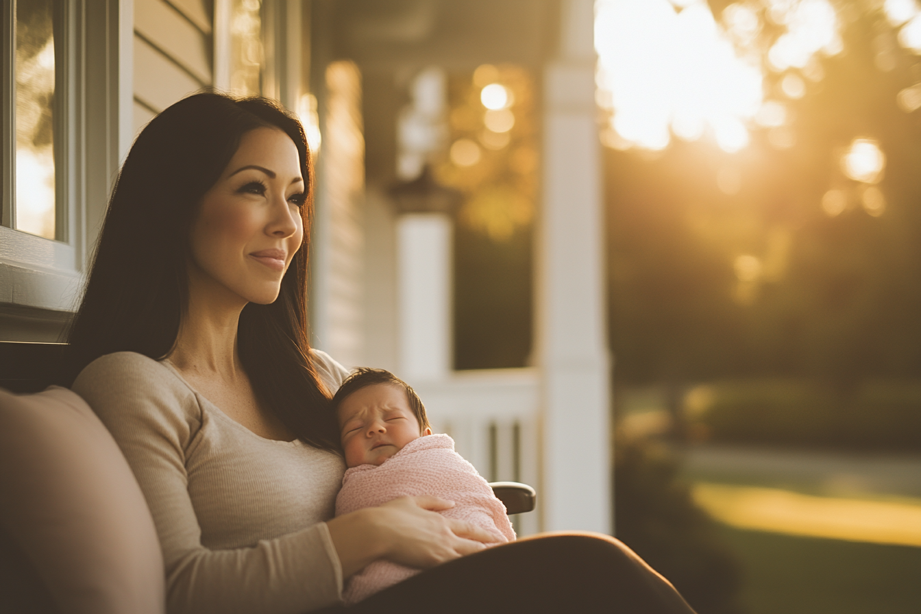 A woman sits on a porch holding a baby in a pink blanket looking emotional | Source: no source