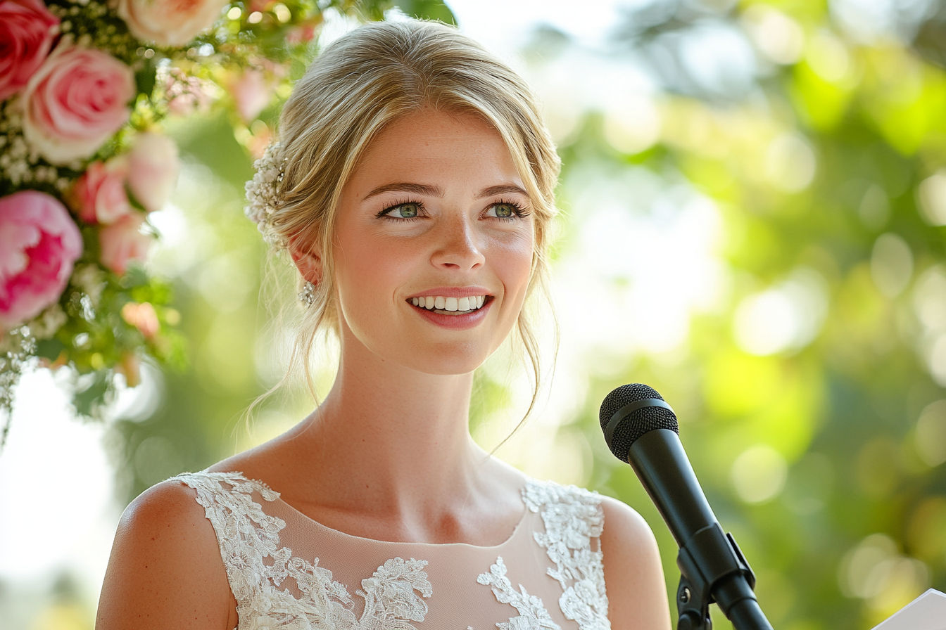 A bride speaking into a microphone | Source: no source