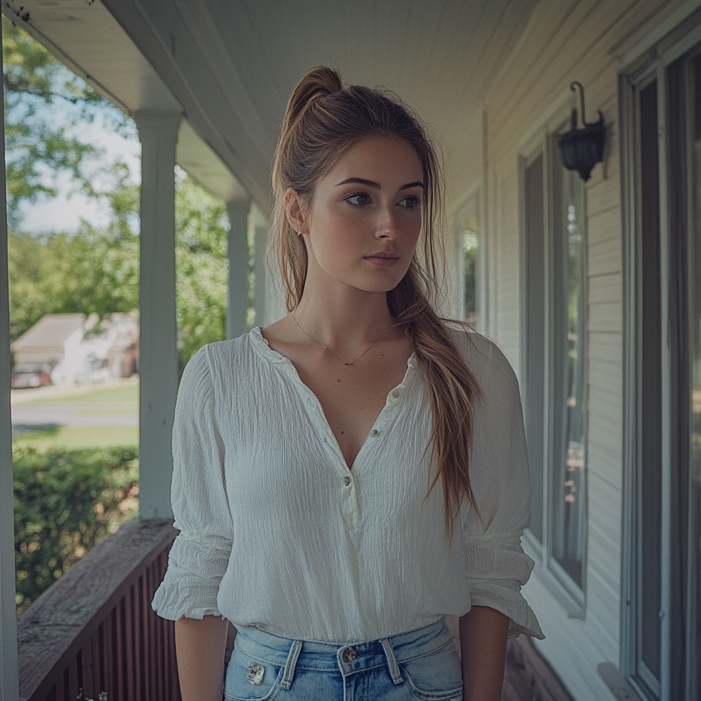 A woman standing on a porch | Source: no source