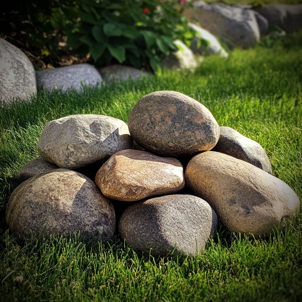 A pile of rocks on a lawn | Source: No source