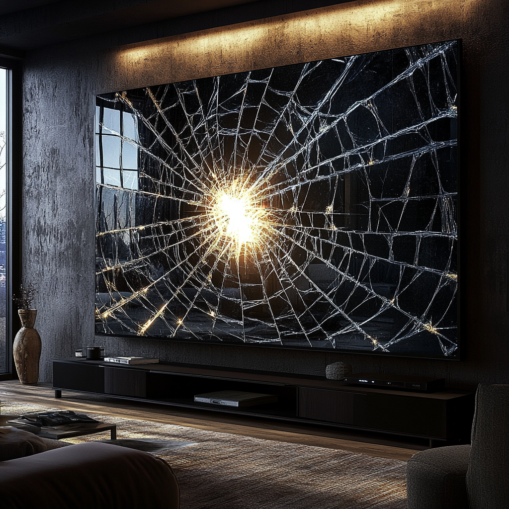 A broken TV screen with a spiderweb-like crack | Source: no source