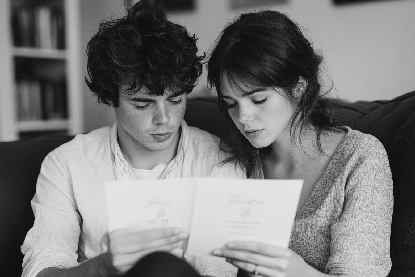 Couple looking at a wedding invitation card | Source: No source