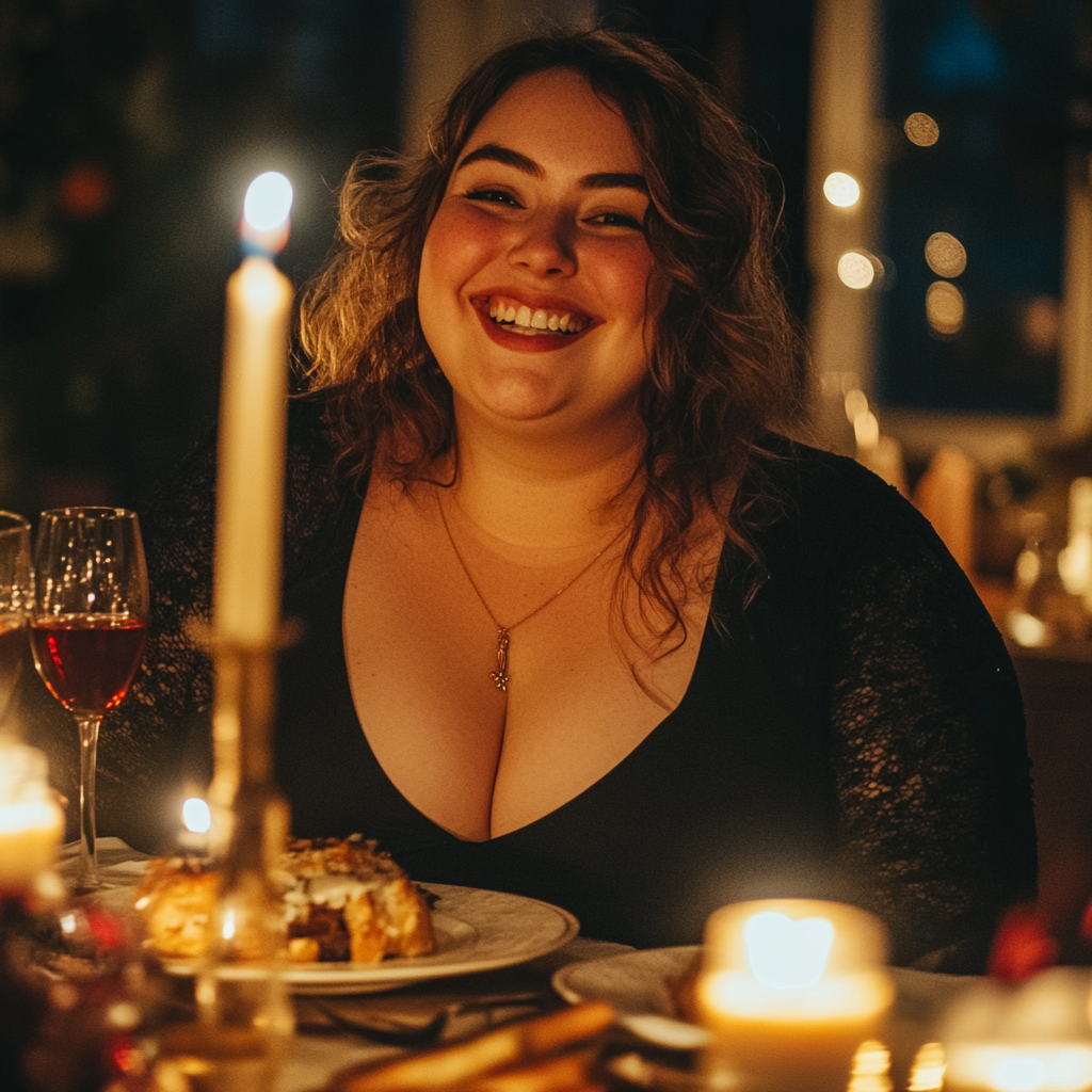 A woman smiling during her birthday dinner | Source: no source