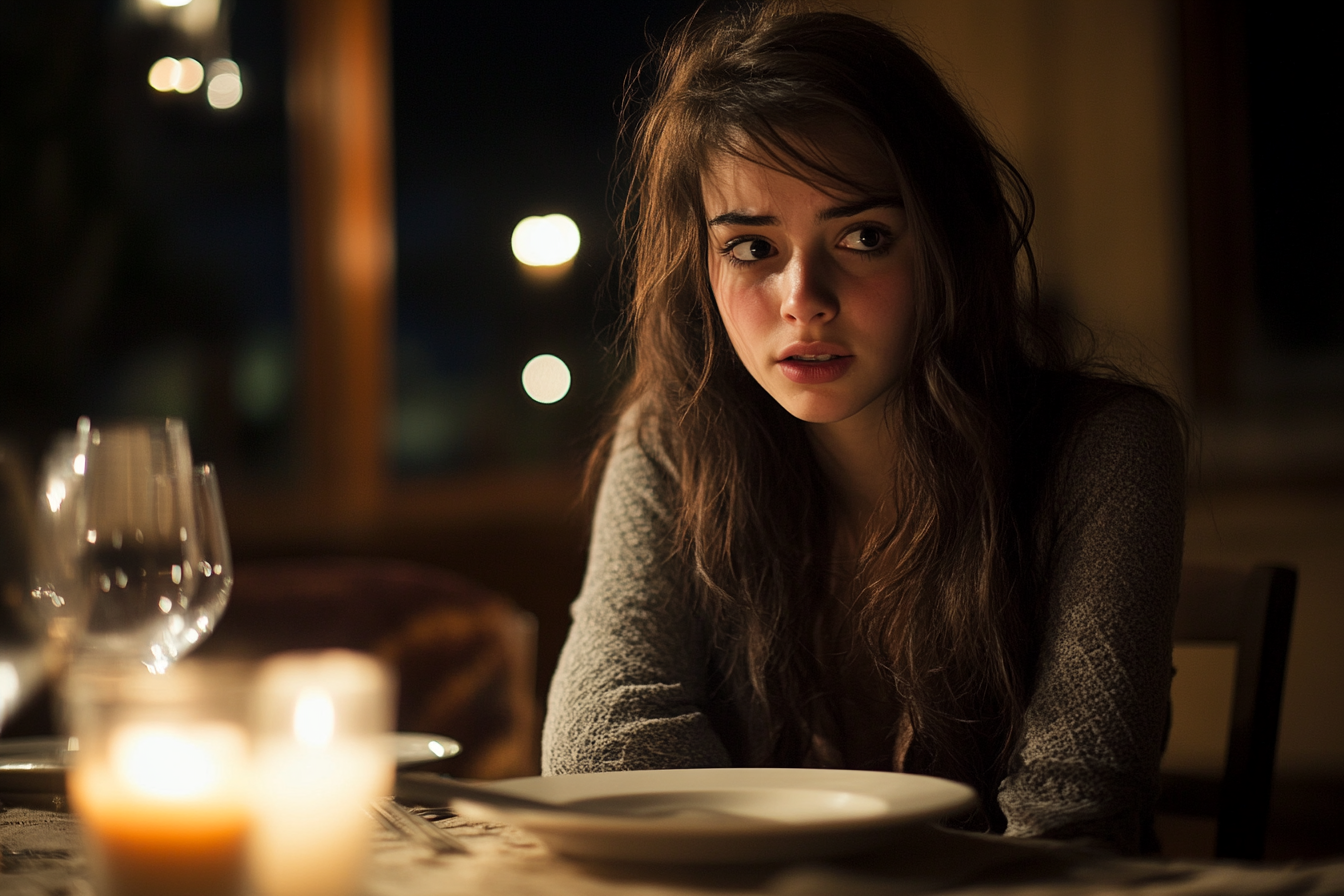 An emotional young woman sitting at a dinner table | Source: no source