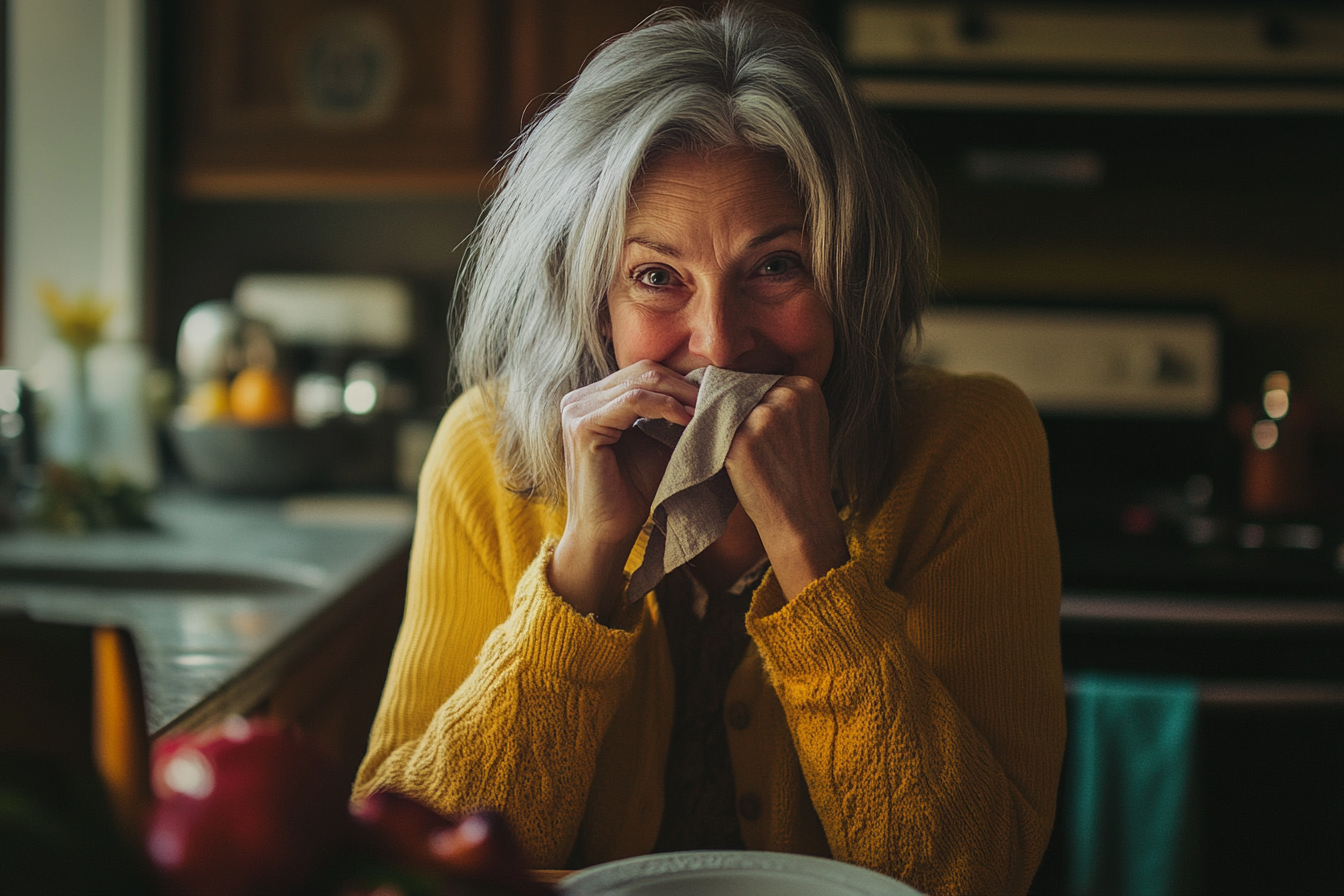 Woman in her 50s dabs napkin on mouth during dinner | Source: No source
