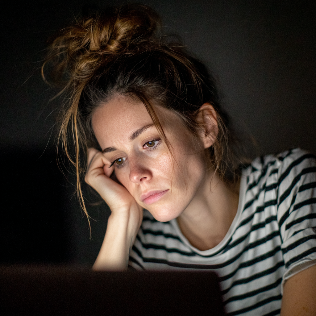 A woman sitting at a table, looking at a laptop | Source: no source