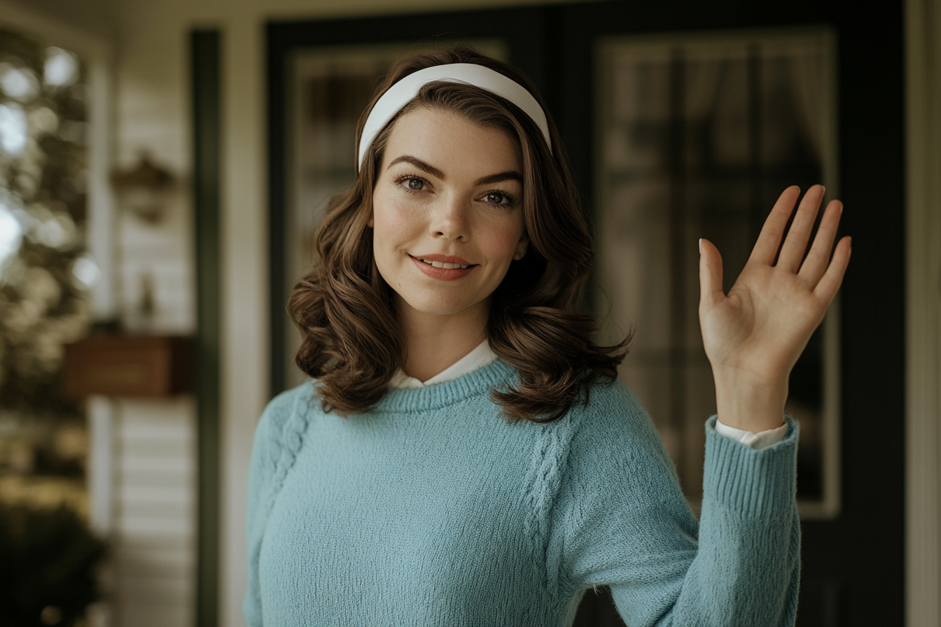 Woman in her 30s on the front porch waving with a smile | Source: No source