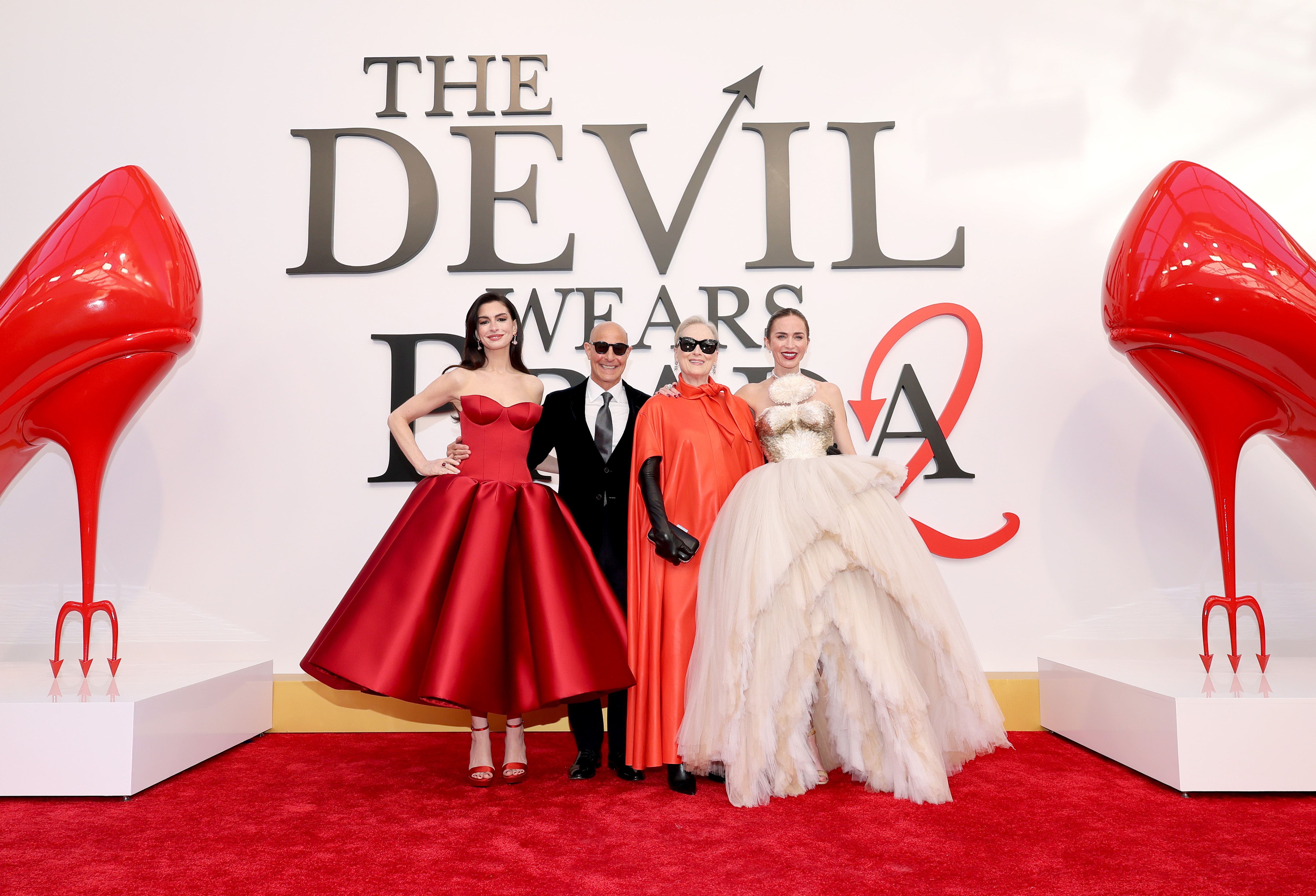 Anne Hathaway, Stanley Tucci, Meryl Streep, and Emily Blunt at the world premiere of "The Devil Wears Prada 2" at Lincoln Center on April 20, 2026, in New York. | Source: Getty Images